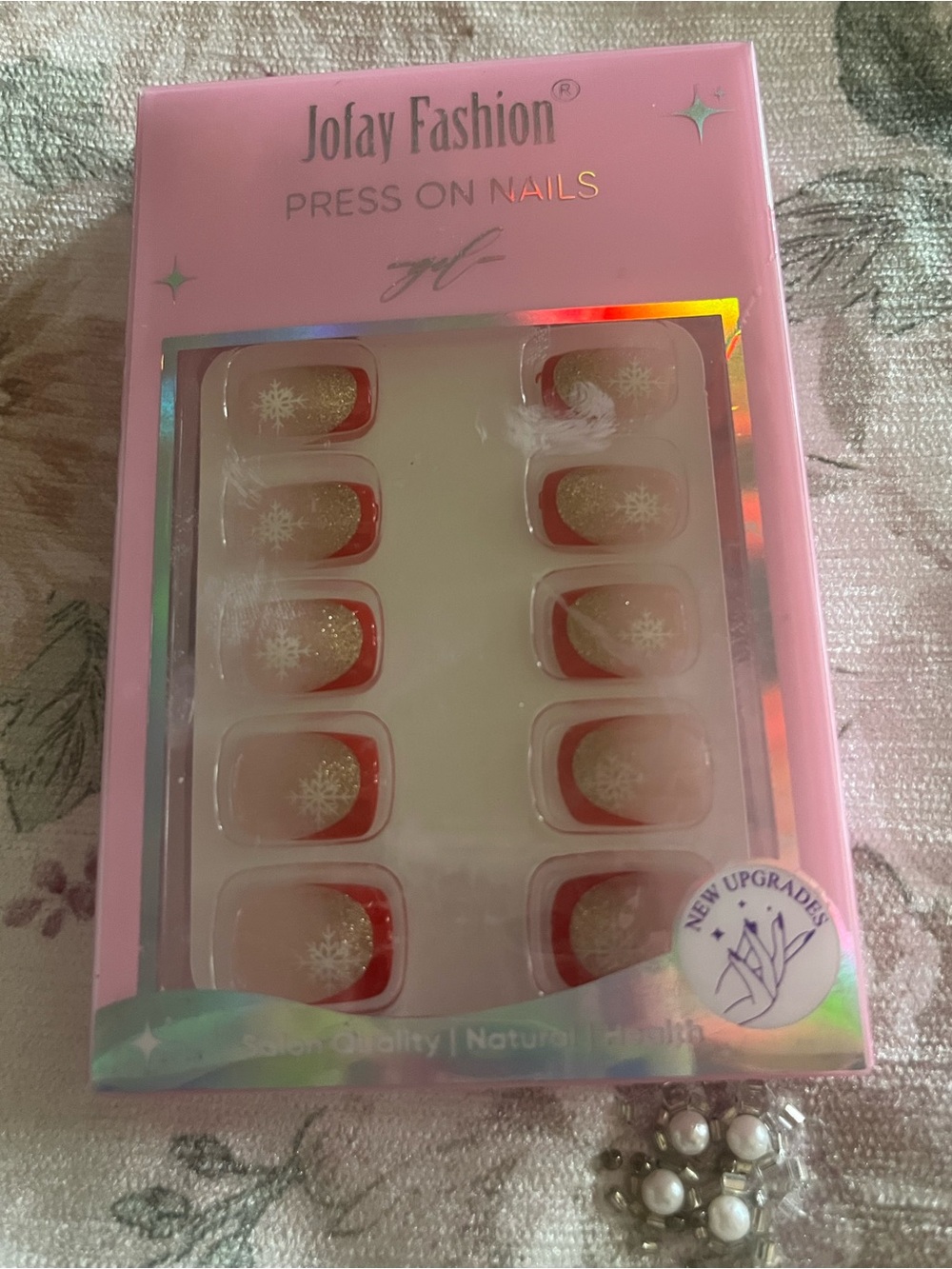 Pink & Red Press-On Nails - Snowflake Design